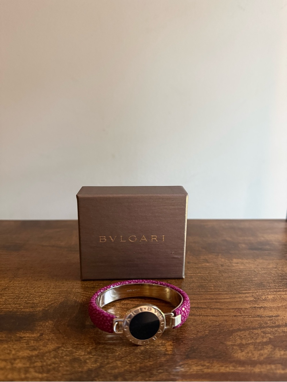 Bulgari Pink Stingray Leather Bracelet with Black Onyx and Gold-Tone Accents